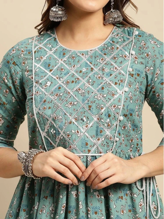 Rangita Women 100% Cotton Teal Gota Lace At Yoke Calf Length Kurti Gathered At Waist - None