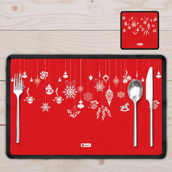 Indigifts Dining Decor Decorative Festive Ornaments and Charms Printed Red Table Mat and Coaster Set of 4 - Christmas Decorations for House, Xmas Decorations, Placemat for Dining