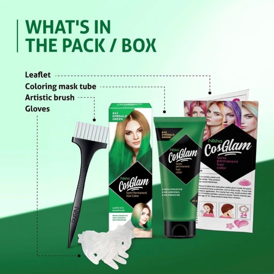 COSGLAM Semi Permanent Hair Color, No Peroxide, Non Oxidative, Ammonia Free Hair Colour 42 Emerald Green - 120gm