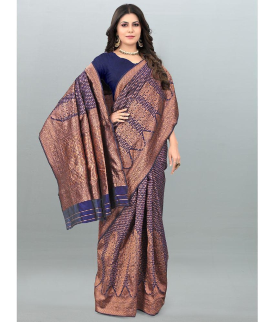 Om Shantam Sarees - Navy Blue Banarasi Silk Saree With Blouse Piece ( Pack of 1 ) - Navy Blue