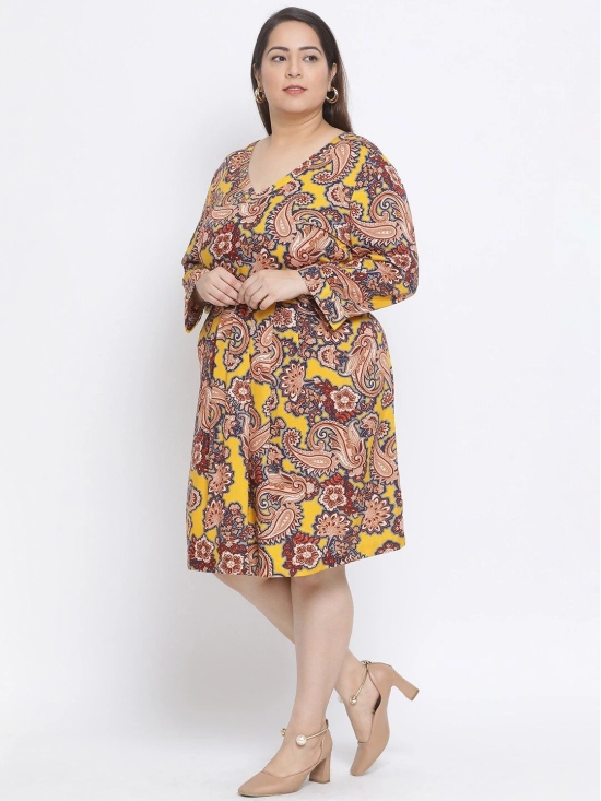 Oxolloxo Women Mustard Yellow & Brown Paisley Print Plus Size A-Line Dress