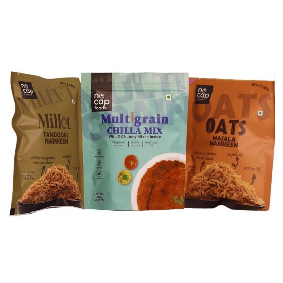 Combo | NoCap Super Saver Pack of 3| Multigrain Chilla Premix 200 gm (1), Millet Tandoori Namken 50 gm (1), Oats Namkeen 50 gm (1)