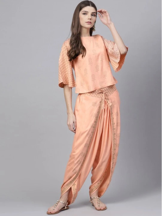 Peach-Coloured & Grey Printed Block Print Top with Dhoti Pants