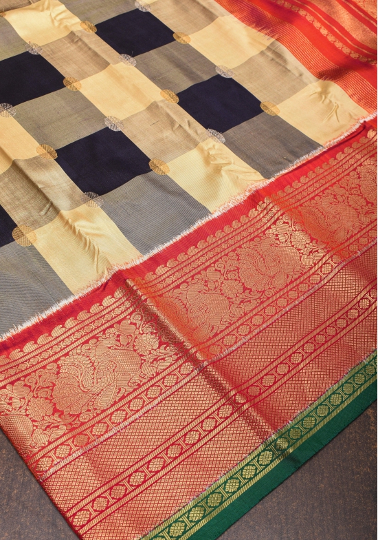 Beige and Black Kanjivaram Pure Silk Saree with Checks and Red Border | SILK MARK CERTIFIED