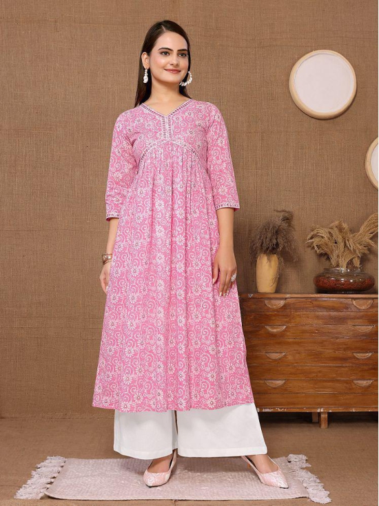 Rangita Women Cotton Pink Embroidered Calf Length Flared Kurti - None