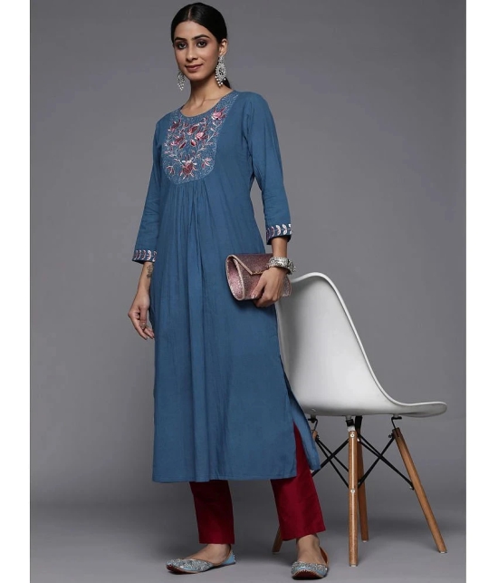 Varanga Cotton Embroidered Straight Womens Kurti - Blue ( Pack of 1 ) - None