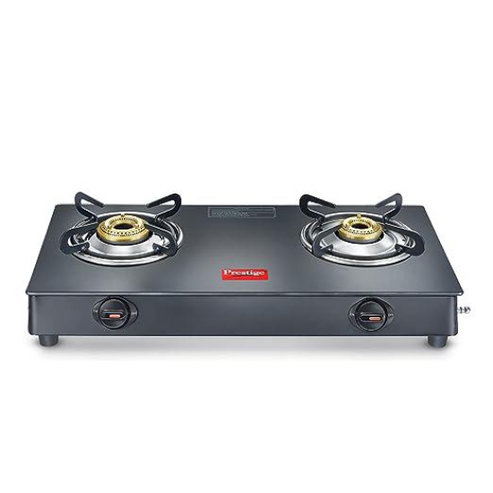 Prestige Magic Plus GTMP 02 Powder Coated Toughened Black Glass Top LP Gas Stove with 2 Brass Burner, Black