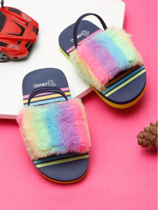 ONYC Kids Slippers - Rainbow Fur Sliders for Girls, Navy Blue