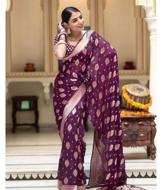 JULEE Silk Blend Embellished Saree With Blouse Piece - Purple ( Pack of 1 ) - Purple