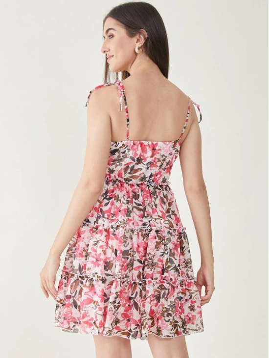 Floral Printed Shoulder Straps Tiered Georgette Fit & Flare Dress