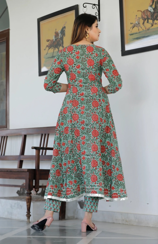 Light Green Hand Block Printed Anarkali Set S