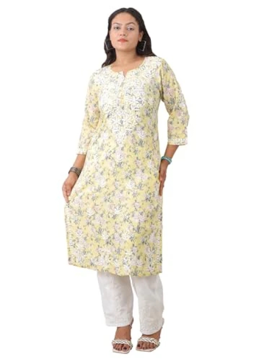 Pravia Lucknowi Chikankari Embroidery Premium Handwork Cotton Long Kurti with Pocket Pants, Flower Print, Set for Women