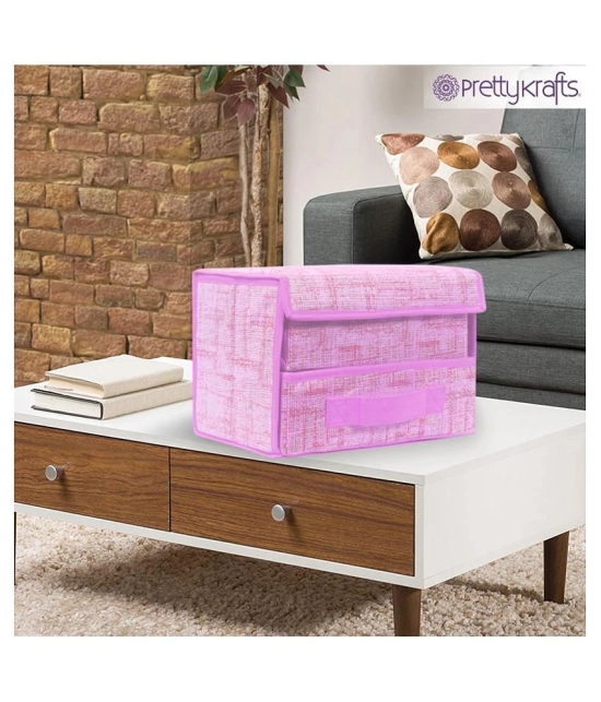 PrettyKrafts Jute Fabric Storage Box Storage Bins with Handle Drawer Organiser with Lid Folding Storage Bins Box Containers for Socks, Underwear, Bras, Ties 1+1 drawer- Pink