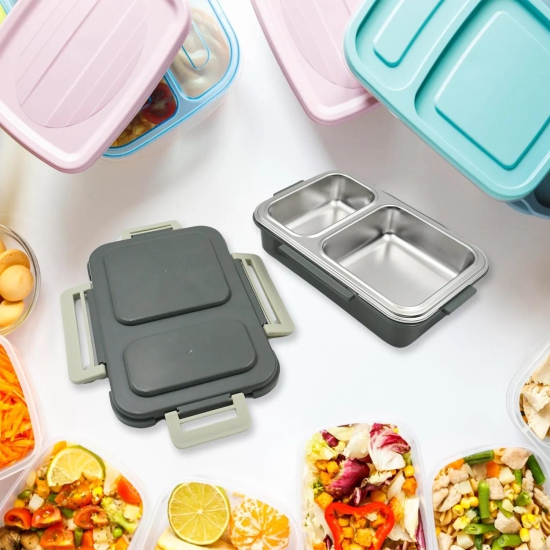 5583 Miracle Quick Lock Leak Proof 2 Compartment Stainless Steel LUNCH BOX Inner Plate Reusable Microwave Freezer Safe Lunch Box Trendy Thermal Insulation Leak Proof for Office Vacuum Tiffin Box