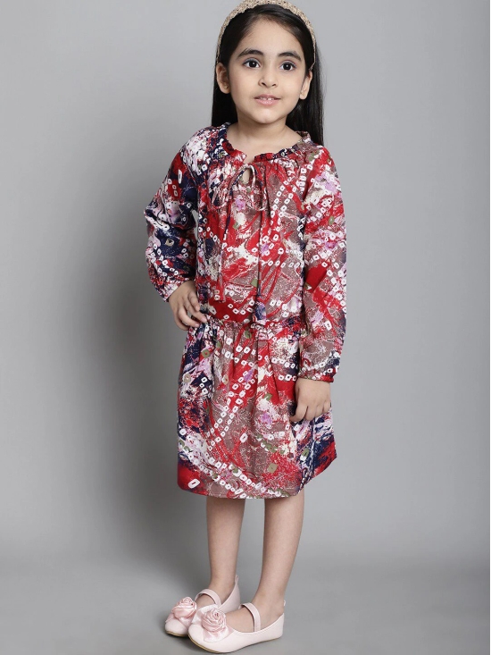 MINI & MING Girls Floral Print Tie-Up Neck Puff Sleeve Crepe Fit & Flare Dress