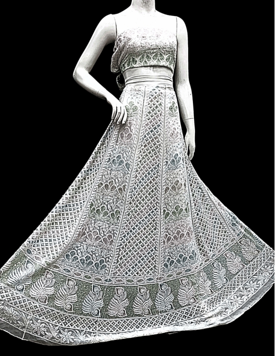 White | Semi-Stitched | Free Size | Lehenga Choli | Chikankari | Lucknowi | Hand Embroidery | Cotten | White