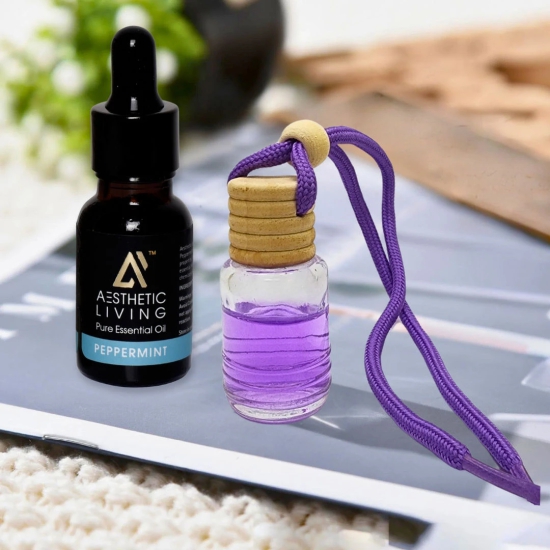 Aesthetic Living Car Aromatizer/ Diffuser Bottle with Essential Oil (Multi Shape Transparent Shape-10 ml+ Peppermint Essential Oil, 15 ml)