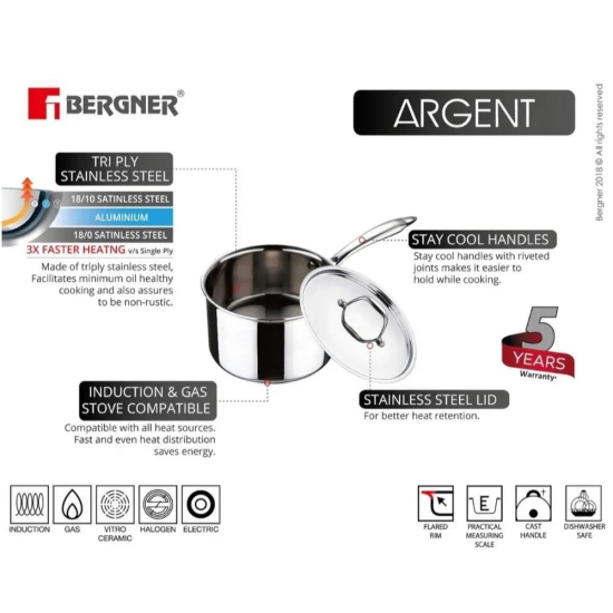 Bergner Argent Tri-Ply 16 cm Saucepan with Lid | Gas & Induction Compatible | Silver