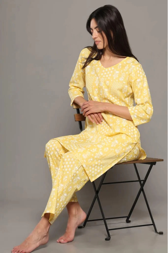 BREATHABLES Women Cotton Printed Loungewear Kurta and Pants Co-ord Set 3/4 Sleeve  V Neck Comfort Loose Fit (Night Wear | Co-ord set | Lounge Wear Set)