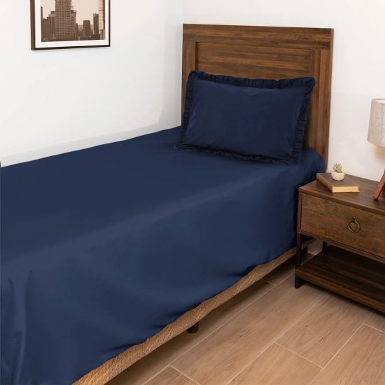 Solid Colour 100% Cotton, 270 TC Single Bedsheet with Frill Pillow Cover Ink Blue