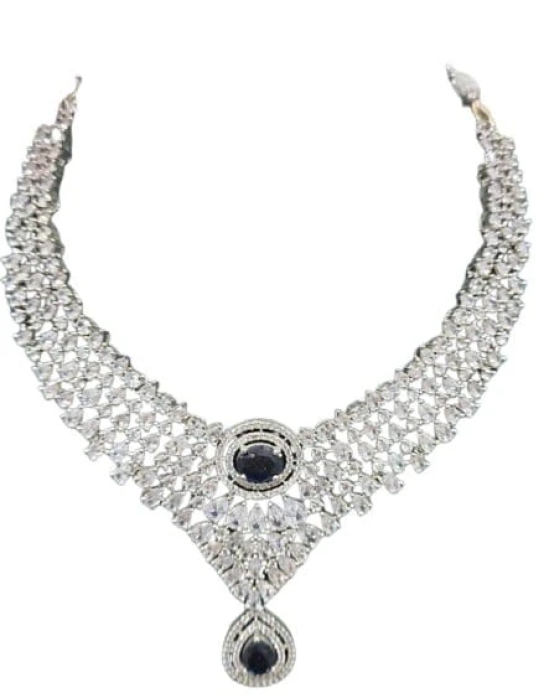 American Diamond Bridal Necklace Set with Earrings in Silver Finish