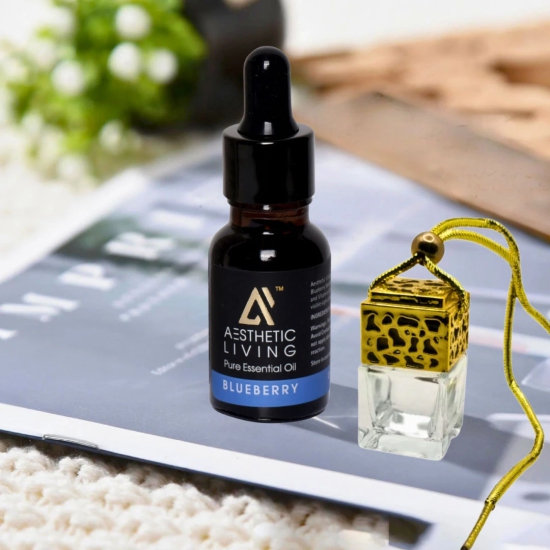 Aesthetic Living  Car Aromatizer/ Diffuser Bottle with Essential Oil (Square Gold/Silver Shape-10 ml+ Blueberry Essential Oil, 15 ml)