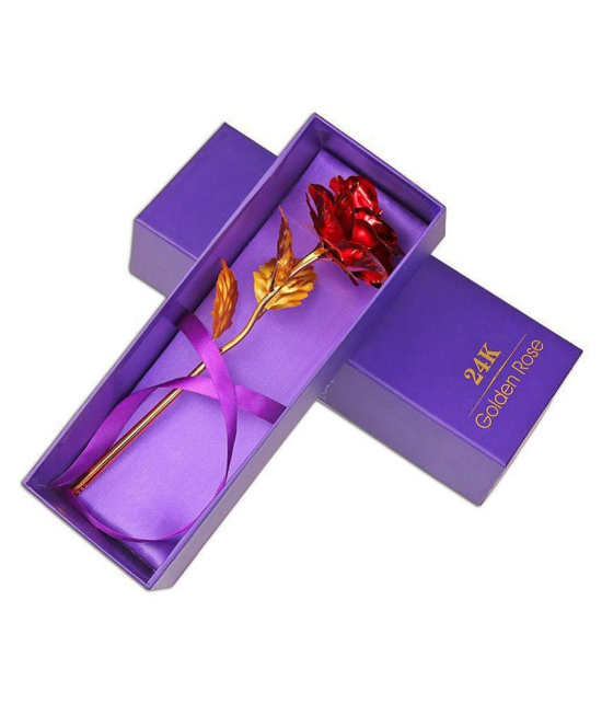 Red Rose Flower with Golden Leaf Valentines Day Gift Box