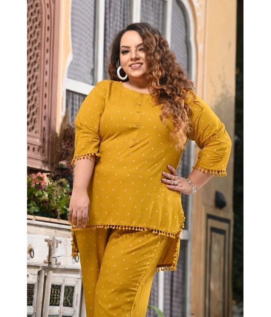 PrettyPlus by Desinoor.com Mustard Self Design Pant Top Set - None