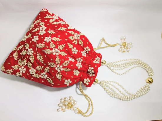 Red Velvet Potli Bag with Pearl and Zari Embroidery