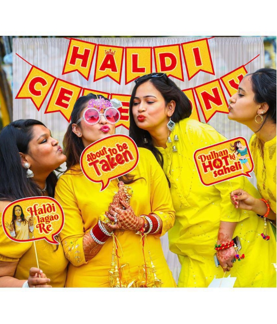 Zyozi Haldi Ceremony Decoration Kit | Wedding Decorations Props For Haldi | Haldi & Mehendi Decorations for Home Bride - Haldi Ceremony Banner, Photo Booth Props & Net Curtains (Pack of 23) 