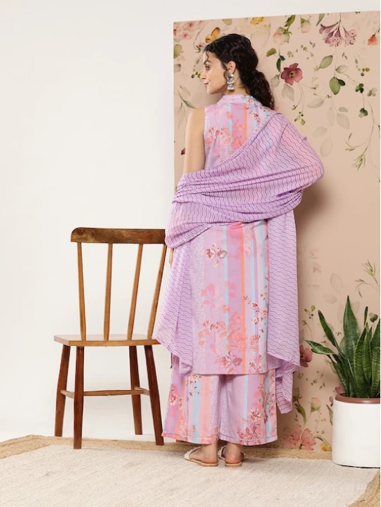 Women Lavender Floral Printed Gotta Patti Kurta with Palazzos & With Dupatta