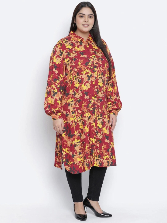 Oxolloxo Maroon & Yellow Viscose Rayon Shirt Collar Printed Tunic