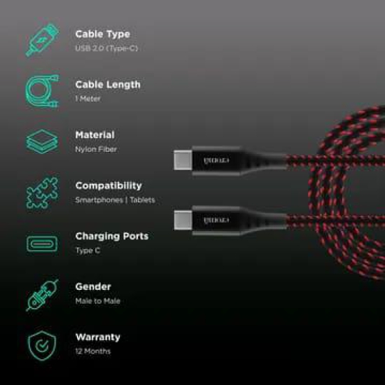 Croma Type C to Type C 3.3 Feet (1M) Cable (Nylon Braided, Red)