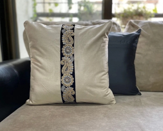 Bold Embroidered Lace Velvet Off-White Color Cushion Cover - 16x16 Size