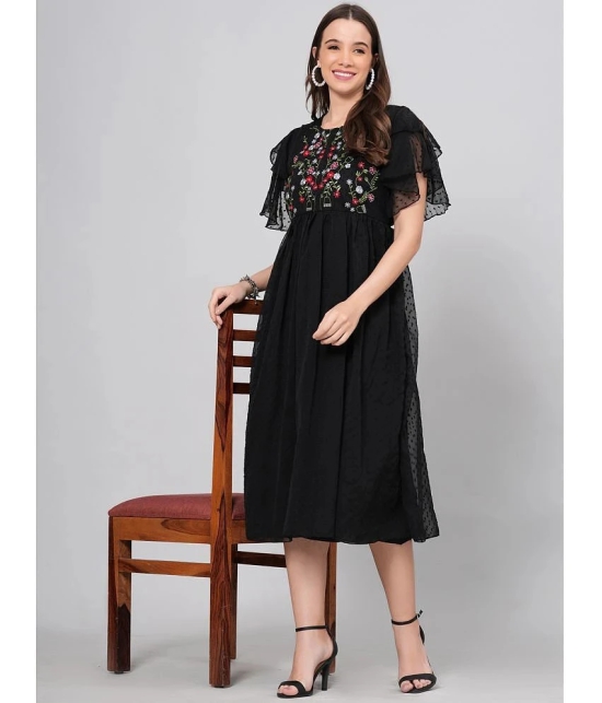 HIGHLIGHT FASHION EXPORT Crepe Embroidered Midi Womens Fit & Flare Dress - Black ( Pack of 1 ) - None