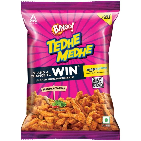 Bingo! Tedhe Medhe Masala Tadka, Spindle Shaped Crunchy Snack With Indian Masala Flavour Perfect For Snacking, 90G