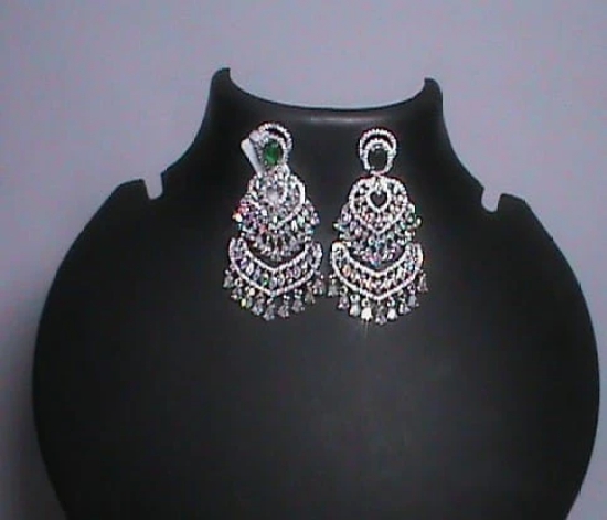 American Diamond Long Chandbali Earrings With Green Stone