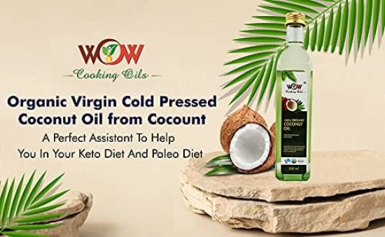 WOW COOKING OILS Certified Organic Virgin Cold Pressed Organic Coconut Cooking Oil 1000 ml ( 1 LTR ) Glass Bottle