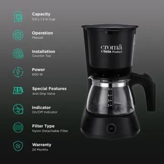 Croma 600 Watt 5 Cups Manual Drip Coffee Maker with Keep Warm Function (Black)