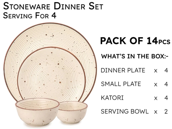 Handcrafted Stoneware Reactive Glaze Ceramic Dinner Set, 14 Pieces Serving for 4, Microwave and Dishwasher Safe, Bone-ash Free, Crockery Set for Dining and Gifting, Beige