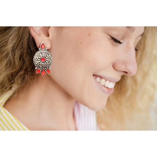 Oxidized German Silver Antique Look Afghani Chandbali Earrings With Red Stones