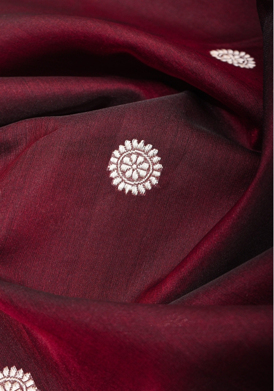 Exquisite Pure Banarasi Organza Silk Saree in Garnet with Kadhuwa Borders and Butis | SILK MARK CERTIFIED