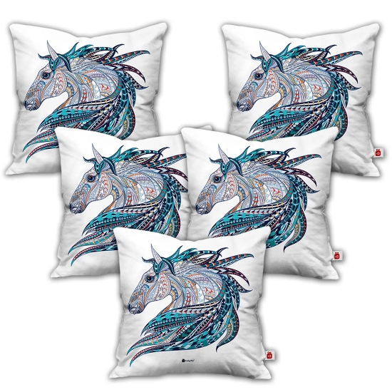 Indigifts Diwali Decoration Items Ethnic Patterned Unicorn White Cushion Cover 12x12 with Filler Set of 5 - Diwali Gift Items, Dipawali Gift Items, Deepawali Greetings, Deepavali Decoration