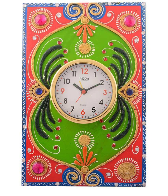 eCraftIndia Pink & Green Wooden Papier Mache Embossed Wall Clock