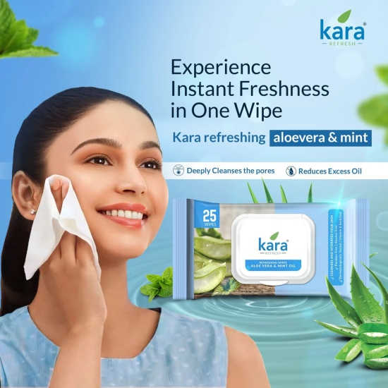 Kara Aloevera & Mint Oil Refreshing Facial Wipes Pack of 6  (25 Pulls)