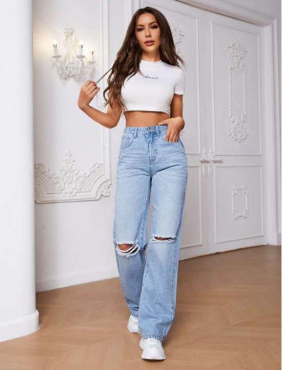 High Waist Knee Cut Jeans - Ice Blue-34