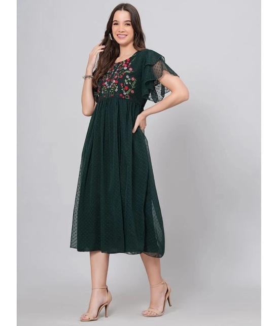 JC4U Crepe Embroidered Midi Womens Fit & Flare Dress - Green ( Pack of 1 ) - None