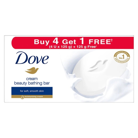 Dove Cream Beauty Bar - Soft Smooth Moisturised Skin 125 G (Buy 4 Get 1 Free)