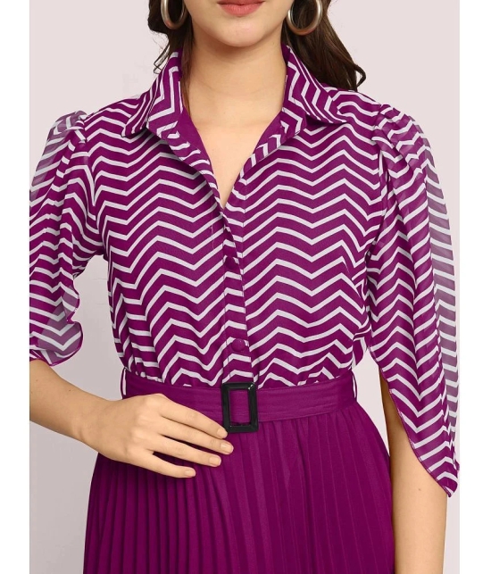 JASH CREATION Polyester Striped Midi Womens Fit & Flare Dress - Magenta ( Pack of 1 ) - None