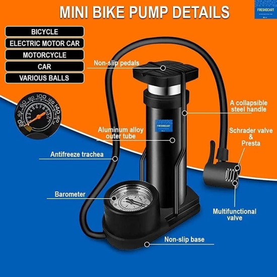 Uttamrobotics Black Foot Pump Aluminum + ABS Portable Foot Activated Foot Air Pump for car and Bike Bicycle